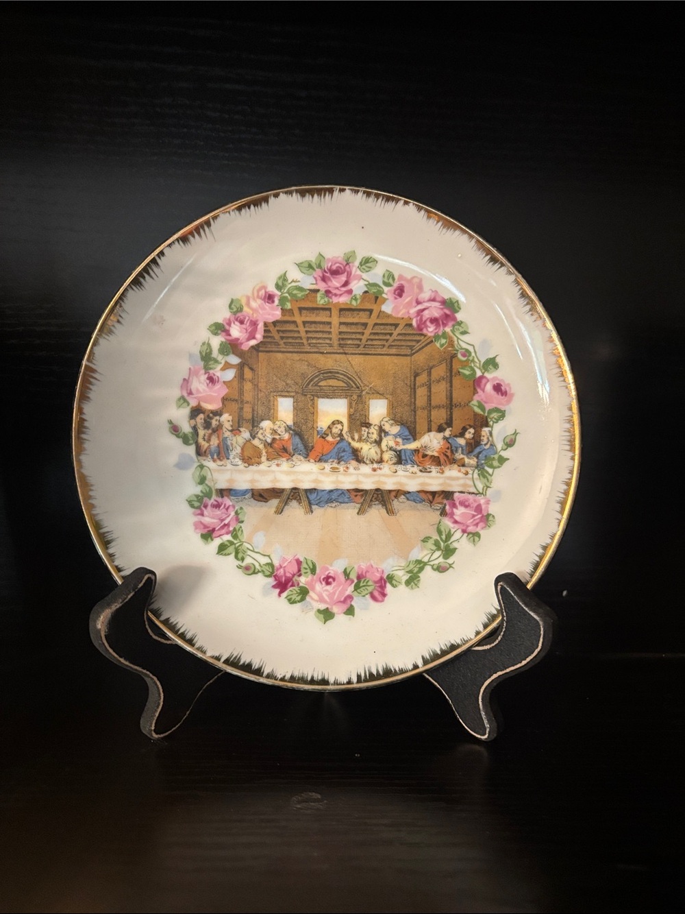 Decorative White Plate with Pink Rose Garland and Religious Last Supper Scene